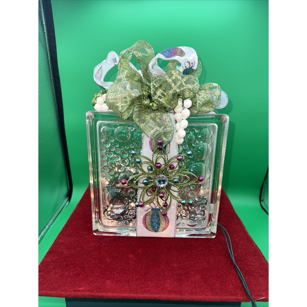 Christmas holiday Lighted Clear Illuminated Glass Block‎ Flowers/ribbons Present
